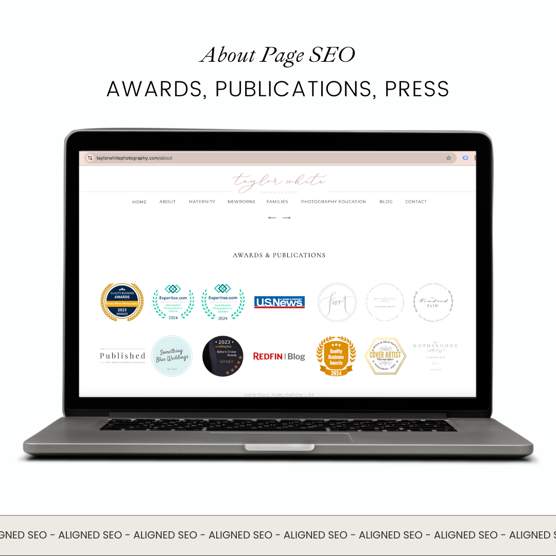 computer that shows certifications, press, and awards for about page SEO