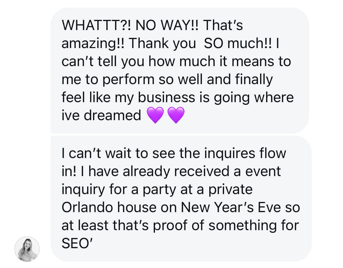 results from seo services for wedding photographers