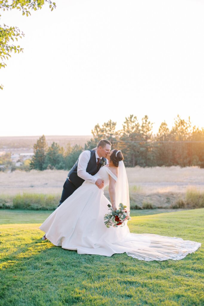 couple photos at golden hour of wedding